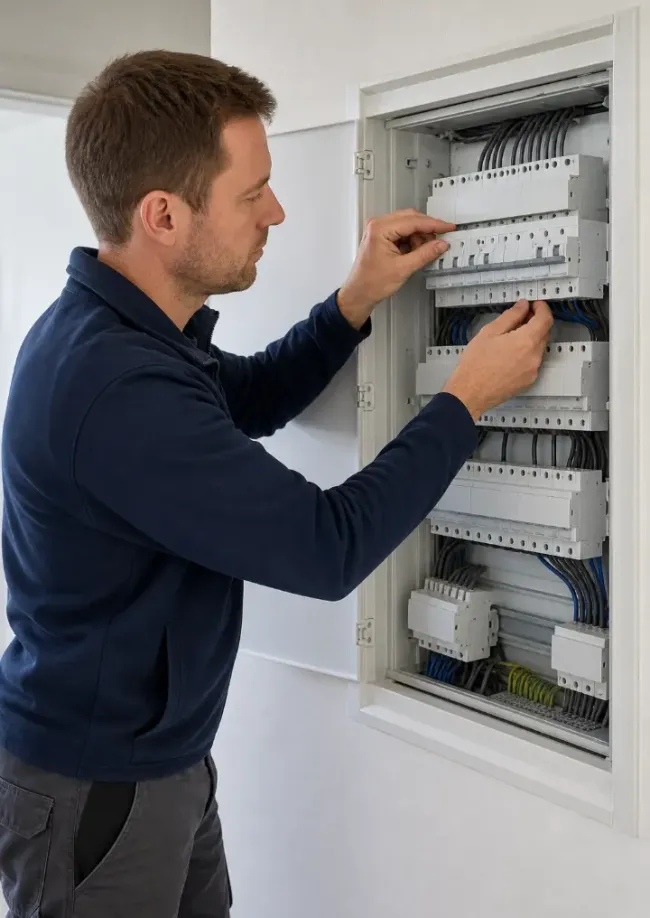 Elektrofachkraft in Arbeitskleidung prüft die Sicherungsautomaten einer Hausverteilung