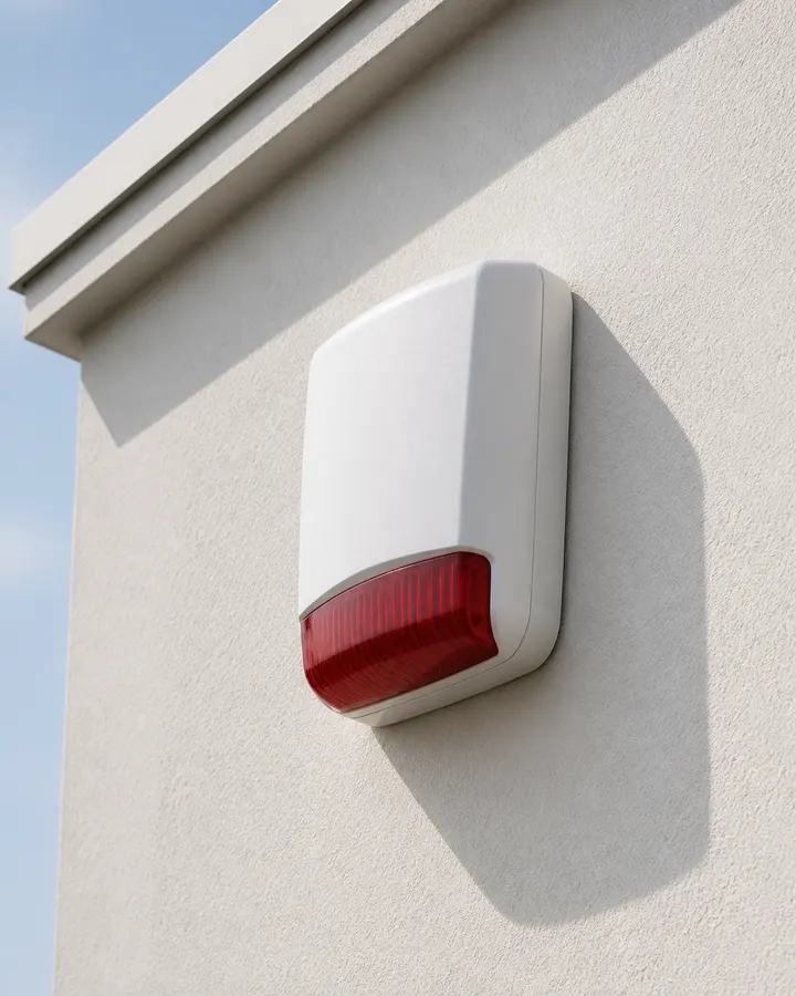 Außensirene mit Blitzleuchte an einer hellen Hausfassade