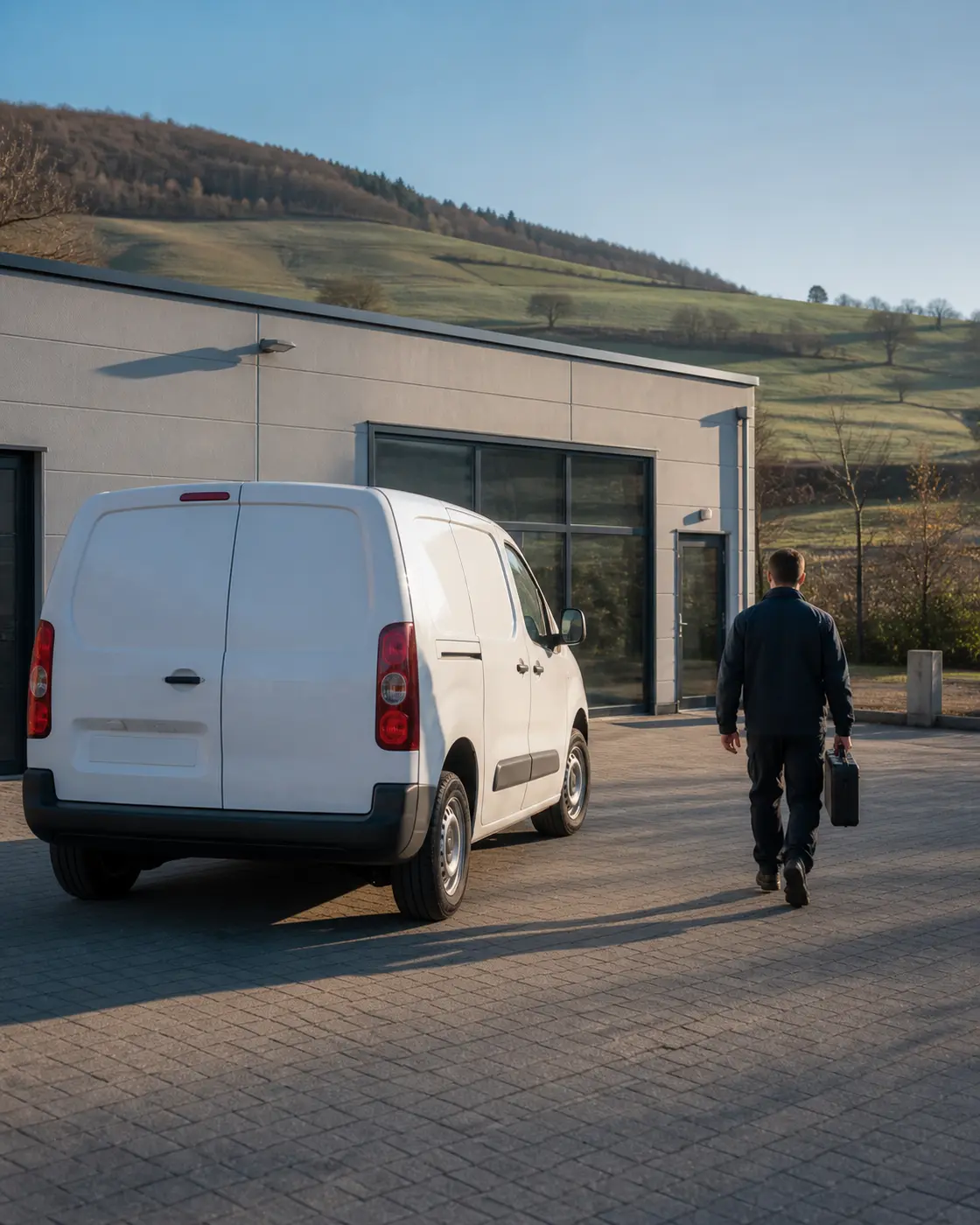 Servicefahrzeug vor einem Gewerbegebäude in hügeliger Landschaft